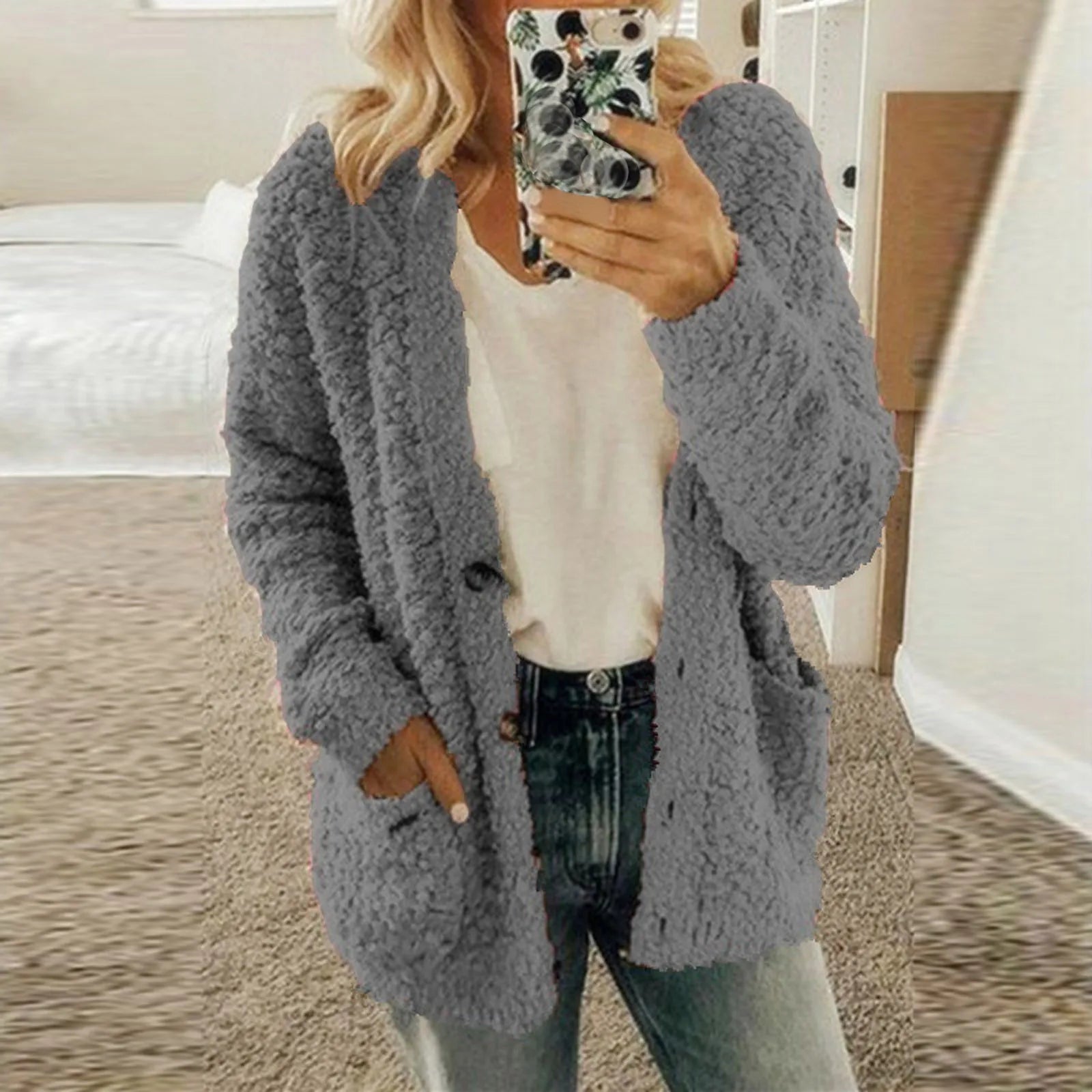 Casual Plus Size Plush Sweater Pockets Cardigan Twirly Threads