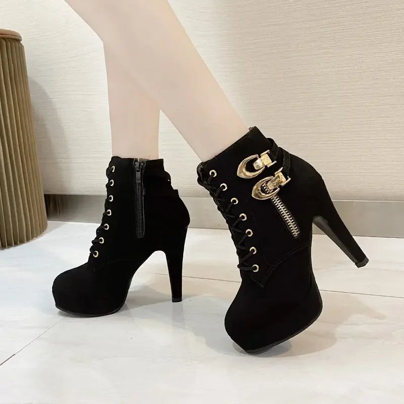 High Heels Stiletto Ankle Boots Lace-upside Zipper Boots Twirly Threads