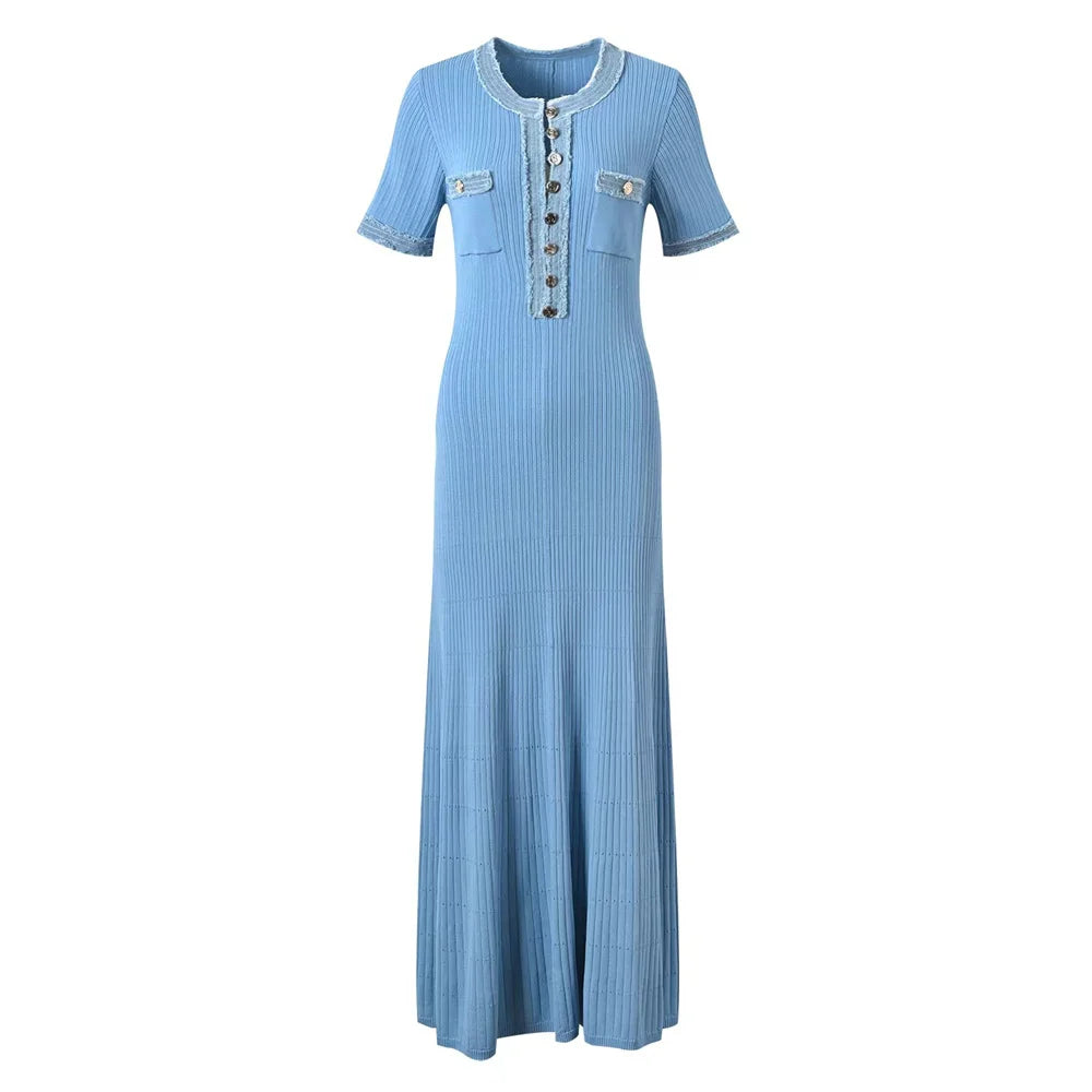Elegant Knit Maxi Dress Chic O-neck Short Sleeve Twirly Threads