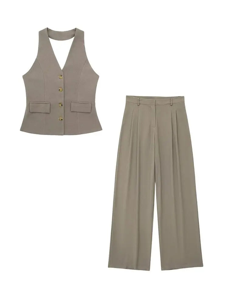 2 Piece Set Halter Neck Single-Breasted Pocket Twirly Threads