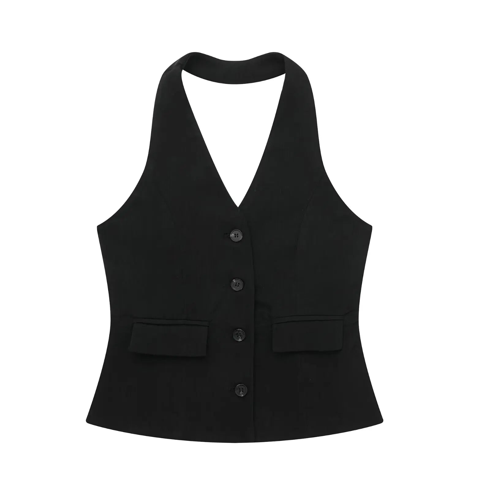2 Piece Set Halter Neck Single-Breasted Pocket Twirly Threads