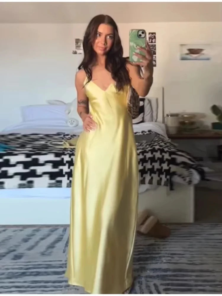 Yellow Stain V Neck Sling Dress Twirly Threads