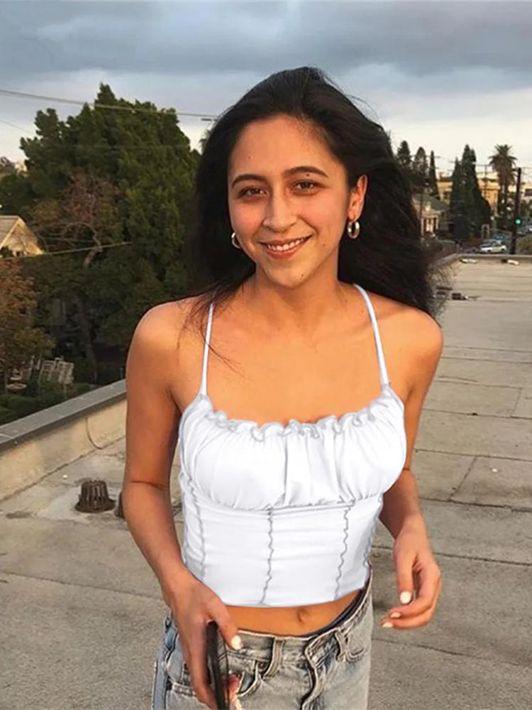 Ruffles Tank Sleeveless Strapless Ruched Slim Crop Twirly Threads