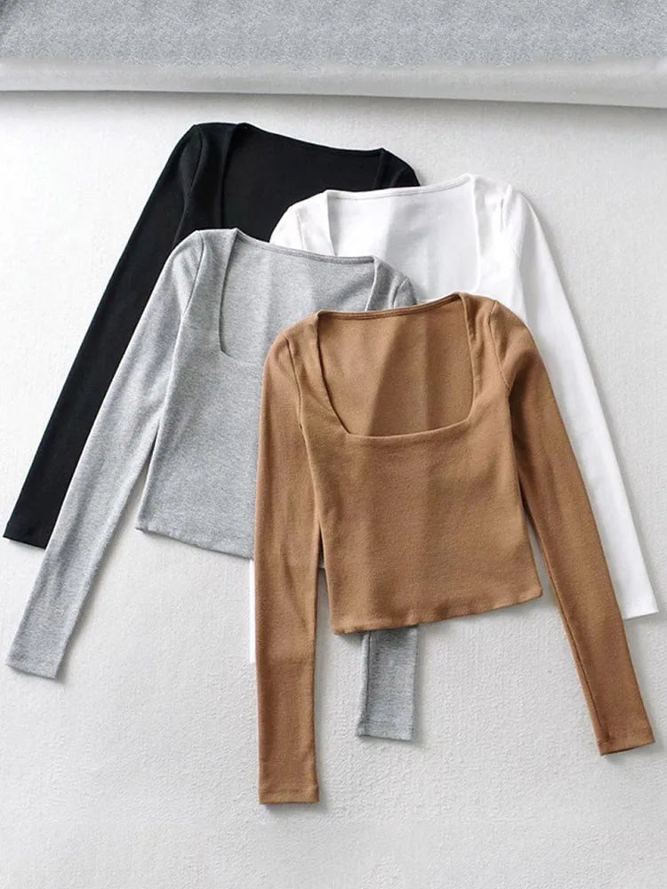 Ribbed Square Neck Crop Top With Long Sleeve Twirly Threads